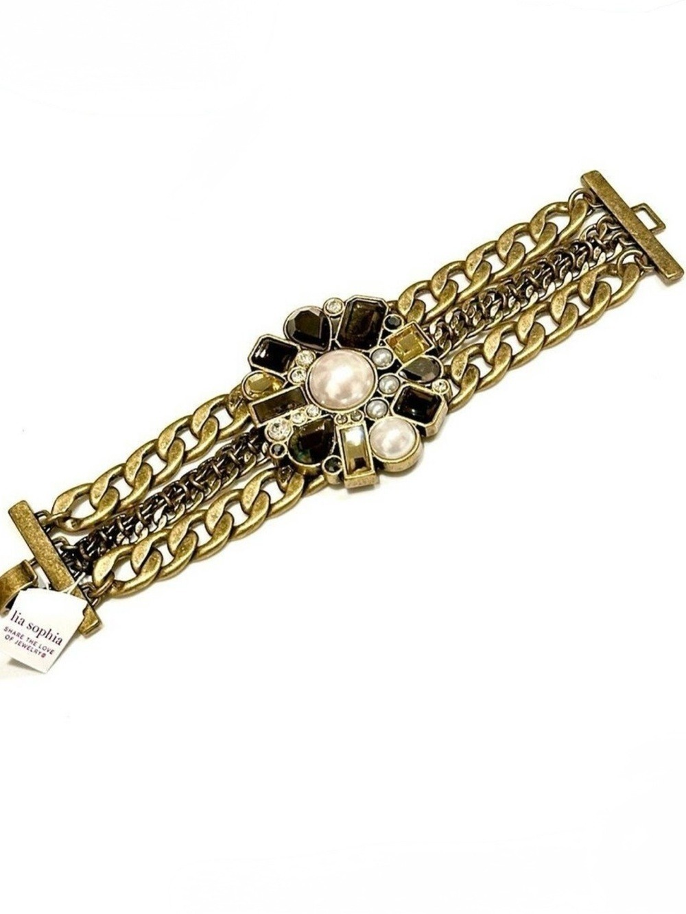 Lia Sophia Brass Crystal Pearl Flower Bangle Bracelet NWT